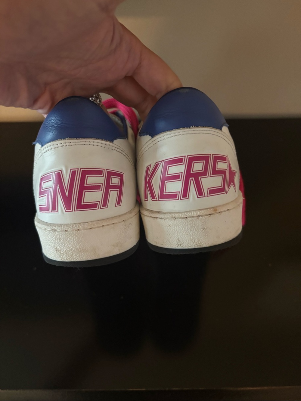 Golden Goose White Sneakers with Pink Laces and Blue Heel - Picture 3 of 6